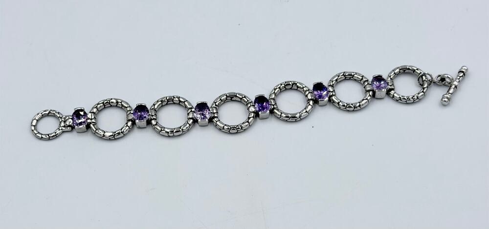 Vintage Silver Tone Amethysts Purple Glass Stones Link Toggle Bracelet